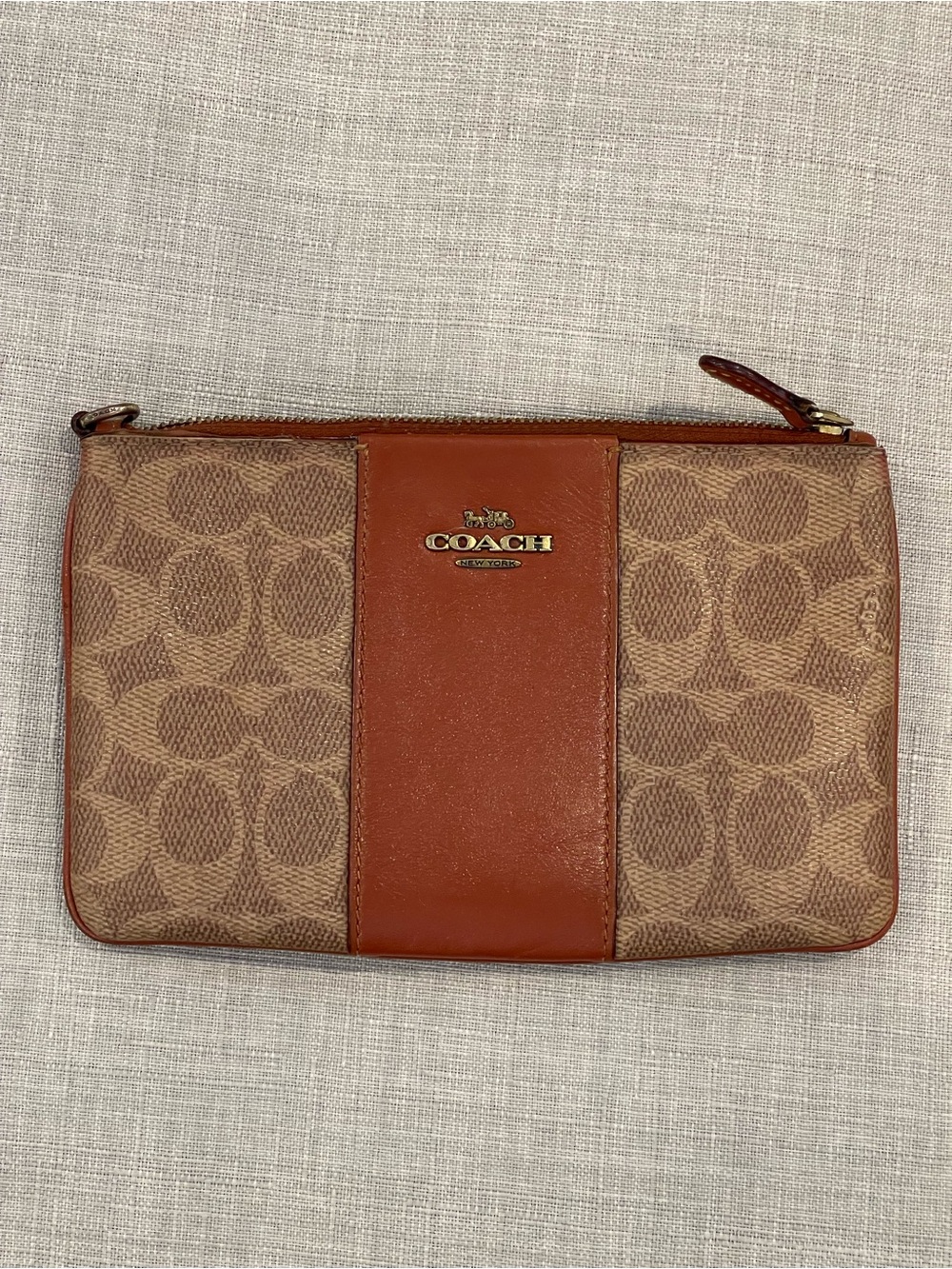 Coach signature colorblock logo wristlet brown leather missing strap gold logo